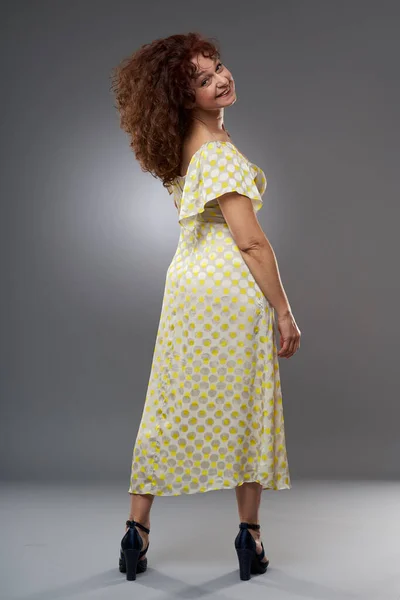 Beauty Studio Portrait Mature Curly Haired Woman Long Dress — Stock Photo, Image