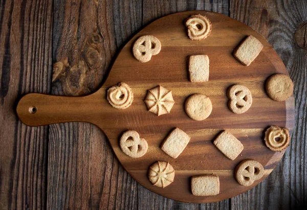 Boterthee Koffiekoekjes Houten Plank — Stockfoto