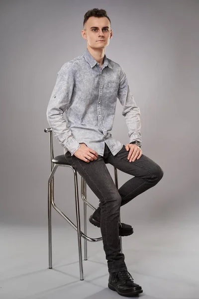 Full Body Shot Young Businessman Sitting High Chair — Stock Photo, Image