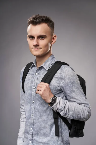Young Businessman Student Backpack Isolated Gray Background — Stock Photo, Image