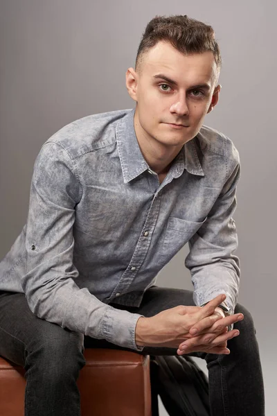 Closeup Portrait Handsome Young Businessman Sitting Chair — Stock Photo, Image