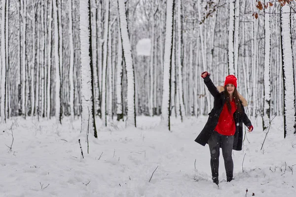 冬の雪深い森の中に赤いキャップを持つ若い白人女性の肖像画 — ストック写真