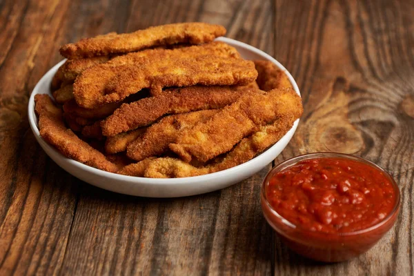 Chicken Crispy Breast Strips Hot Salsa Sauce — Stock Photo, Image