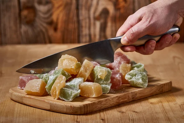 Chef Knife Slicing Colorful Turkish Delight Exotic Dessert Recipe — Stock Photo, Image