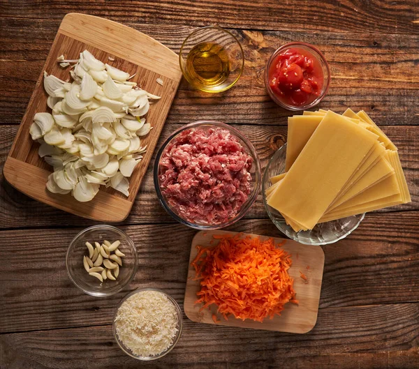 Platt Låg Skott Lasagne Recept Ingredienser Träskiva — Stockfoto