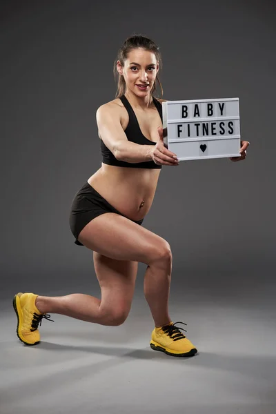Young Pregnant Woman Doing Fitness Exercise Studio Shot Gray Background — ストック写真