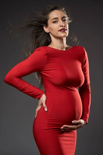 Magnifique Jeune Femme Hispanique Enceinte Robe Rouge Sur Fond Gris Images De Stock Libres De Droits