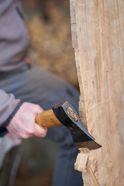 Marangoz ceviz ağacını yontmak için balta kullanıyor.