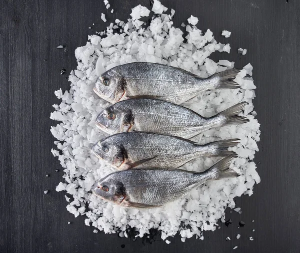 Raw breams on ice on a black wooden board flat lay shot