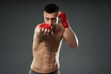 MMA dövüş eğitimi, gri arka planda izole edilmiş stüdyo çekimi.