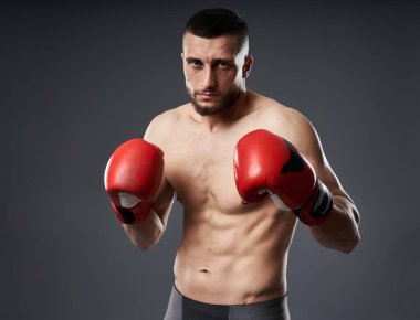 MMA dövüş eğitimi, gri arka planda izole edilmiş stüdyo çekimi.