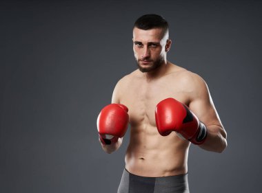 MMA dövüş eğitimi, gri arka planda izole edilmiş stüdyo çekimi.