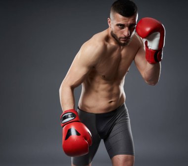 MMA dövüş eğitimi, gri arka planda izole edilmiş stüdyo çekimi.