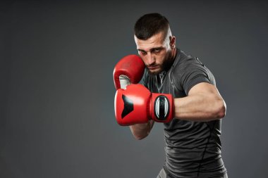 MMA dövüş eğitimi, gri arka planda izole edilmiş stüdyo çekimi.