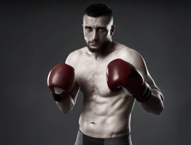 MMA dövüş eğitimi, gri arka planda izole edilmiş stüdyo çekimi.