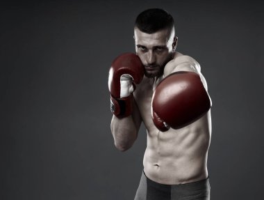 MMA dövüş eğitimi, gri arka planda izole edilmiş stüdyo çekimi.