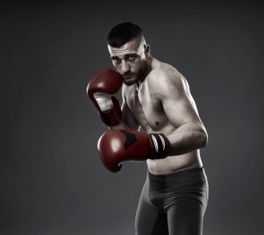 MMA dövüş eğitimi, gri arka planda izole edilmiş stüdyo çekimi.