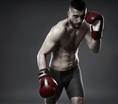 MMA dövüş eğitimi, gri arka planda izole edilmiş stüdyo çekimi.