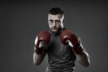 MMA dövüş eğitimi, gri arka planda izole edilmiş stüdyo çekimi.