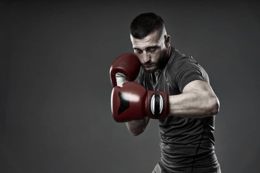 MMA dövüş eğitimi, gri arka planda izole edilmiş stüdyo çekimi.