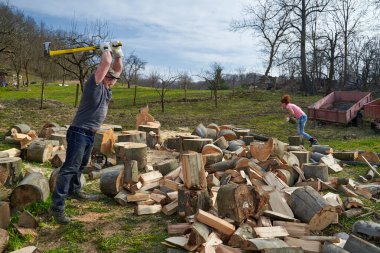 Arka bahçede kayın ağacı kıran bir çift.