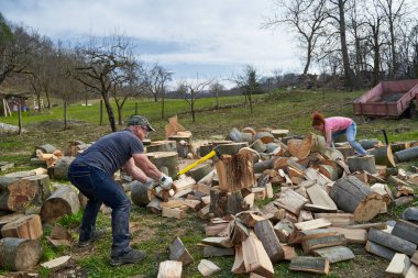 Arka bahçede kayın ağacı kıran bir çift.
