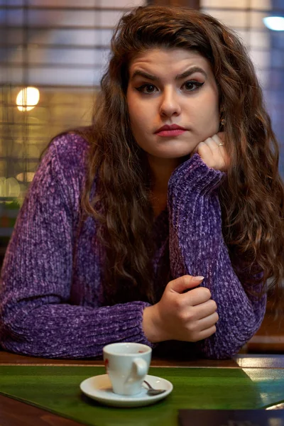 Closeup Curly Haired Young Woman Having Coffee Alone Restaurant — Stock Photo, Image