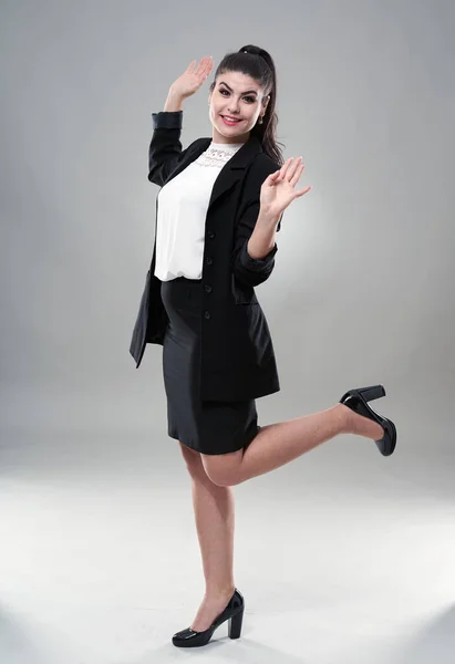 Cheerful Successful Young Hispanic Businesswoman Gray Background — Stock Photo, Image