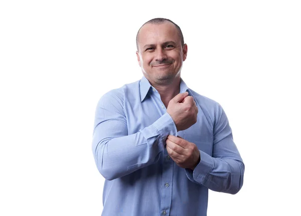 Businessman Closing Buttons His Shirt Isolated White Background — Stock Photo, Image