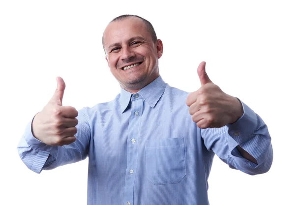 Successful Caucasian Businessman Blue Shirt Stripes Showing Thumbs Sign Isolated — Stock Photo, Image