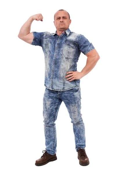 Full Length Caucasian Man Casual Dressed Flexing His Biceps Isolated — Stock Photo, Image