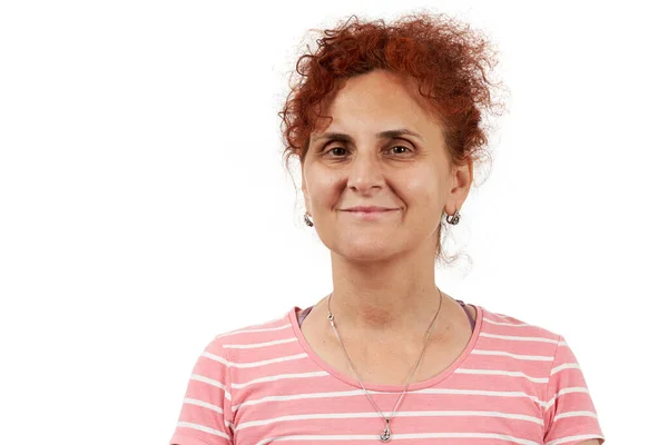 Closeup Portrait Curly Redhead Woman Isolated White Background — Stock Photo, Image