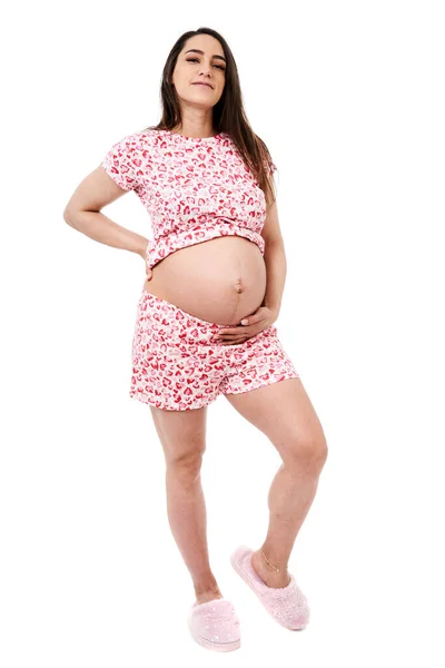 Latino Grávida Senhora Pijama Isolado Fundo Branco Tiro Comprimento Total — Fotografia de Stock