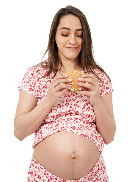 Gravid Kvinne Med Lyst Hamburger Portrett Isolert Hvit Bakgrunn – stockfoto