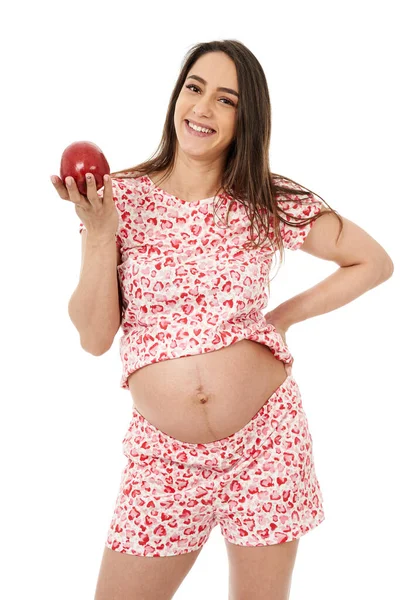 Femme Enceinte Avec Une Pomme Rouge Juteuse Ayant Des Envies — Photo