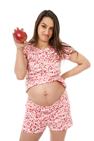 Pregnant Woman Dissatisfied Juicy Red Apple Having Cravings Something Else — Stock Photo, Image