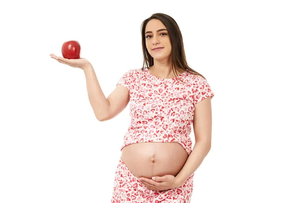 Zwangere Vrouw Met Een Sappige Rode Appel Met Hunkeringen — Stockfoto