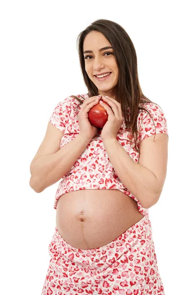 Kobieta Ciąży Soczystym Czerwonym Jabłkiem Apetytem — Zdjęcie stockowe