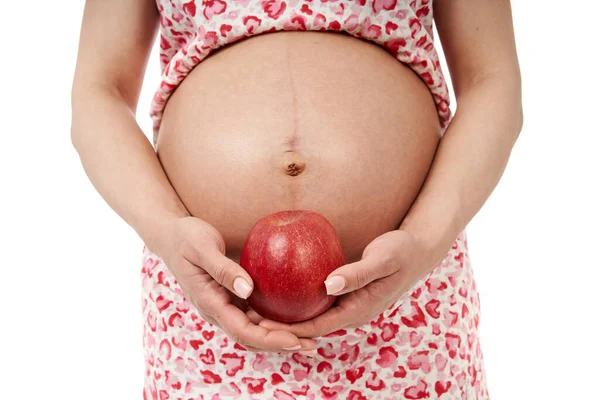 Femme Enceinte Tenant Une Grosse Pomme Rouge Près Son Gros — Photo