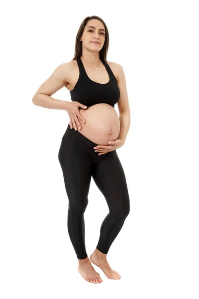 Αθλητική Νεαρή Ισπανόφωνη Έγκυος Γυναίκα Πλήρες Μήκος Πάνω Από Λευκό — Φωτογραφία Αρχείου