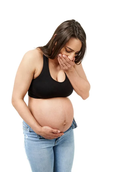 Donna Incinta Jeans Reggiseno Sensazione Malessere Isolato Sfondo Bianco — Foto Stock