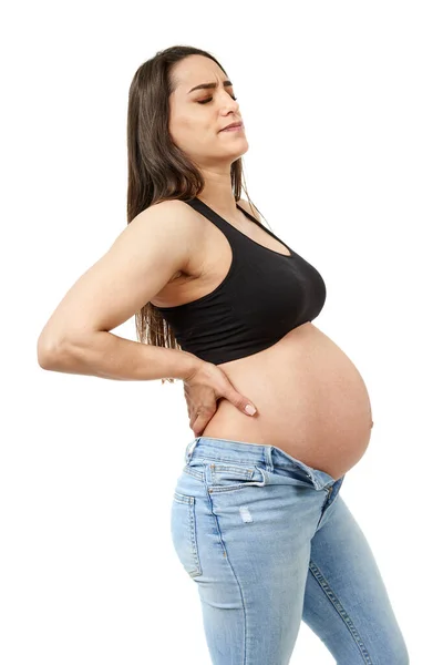 Schwangere Mit Rückenschmerzen Isoliert Auf Weißem Hintergrund — Stockfoto