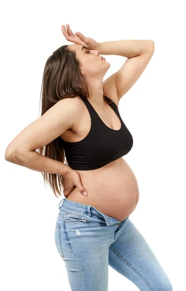 Mujer Embarazada Sintiéndose Enferma Con Dolor Cabeza Náuseas Aislada Sobre — Foto de Stock