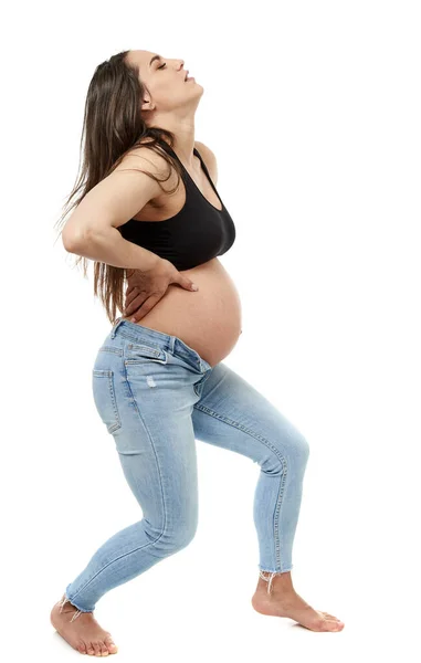 Zwangere Vrouw Met Rugpijn Geïsoleerd Witte Achtergrond — Stockfoto