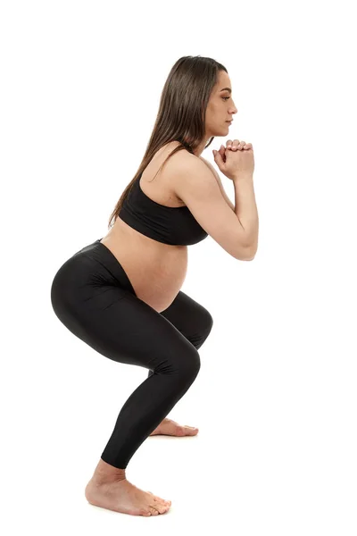 Young Pregnant Woman Doing Fitness Exercises Pregnancy Isolated White Background — Stock Photo, Image