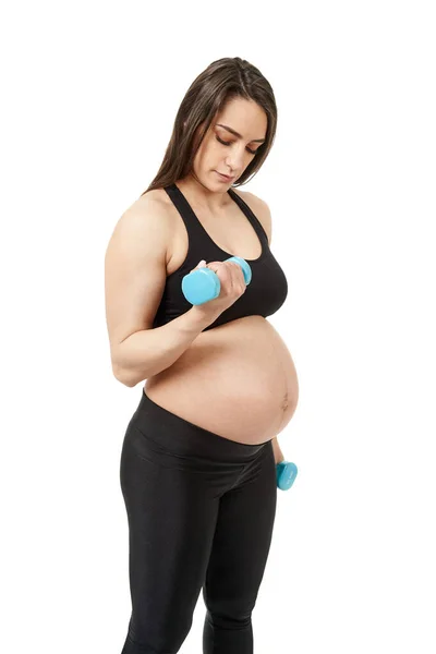 Genç Hamile Kadın Hamilelik Egzersizleri Yapıyor Beyaz Arka Planda Izole — Stok fotoğraf