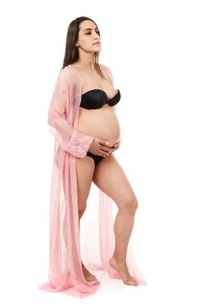 Femme Enceinte Sous Vêtements Noirs Posant Isolé Sur Fond Blanc — Photo