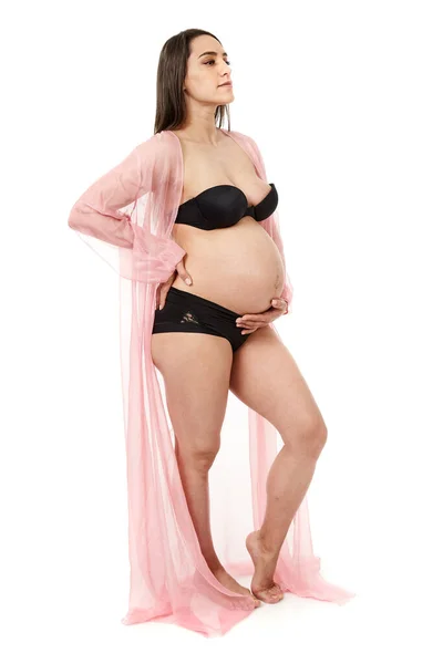 Femme Enceinte Sous Vêtements Noirs Posant Isolé Sur Fond Blanc — Photo