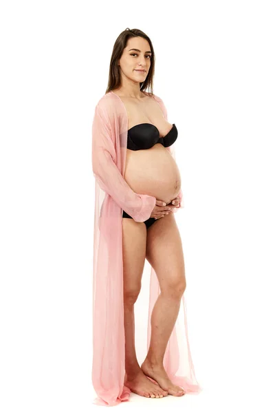 Pregnant Woman Black Underwear Posing Isolated White Background — Stock Photo, Image