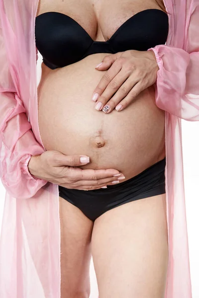 Zwangere Vrouw Zwart Ondergoed Poseren Geïsoleerd Witte Achtergrond — Stockfoto